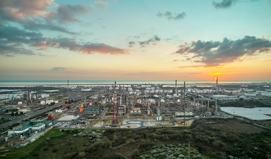 
			      Recreación aérea de la planta que Cepsa construirá en Palos de la Frontera.			    
			  